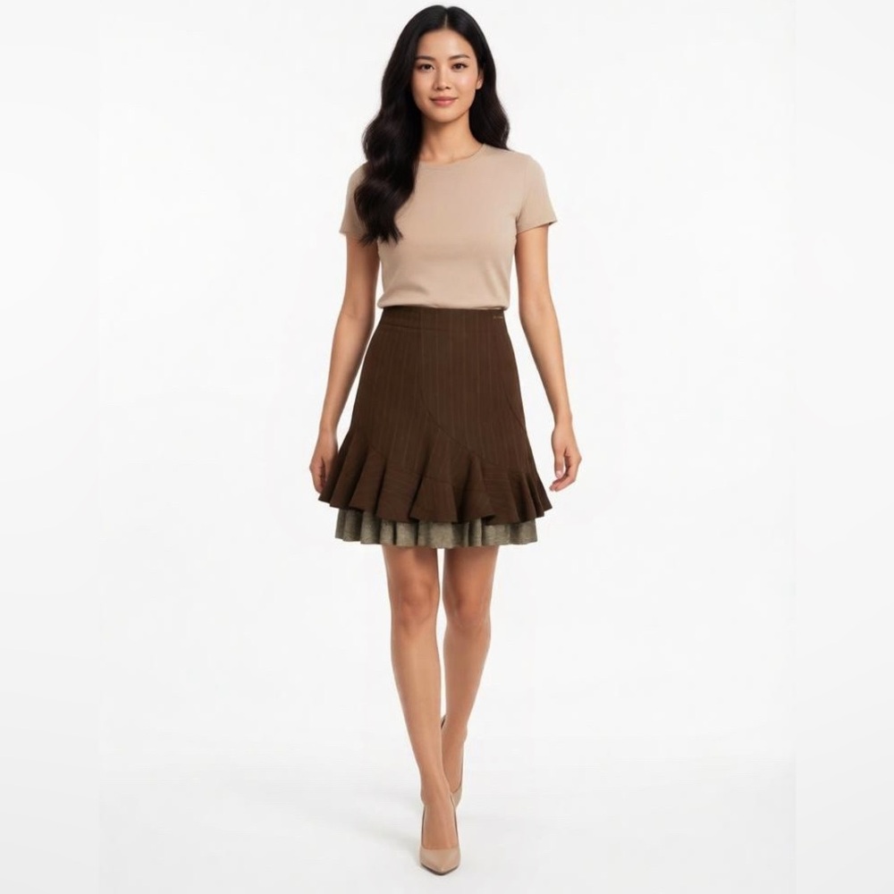 DKNY Olive Green | Pinstripe Ruffle Hem Skirt Size 8 | Office Chic Fall | NWT